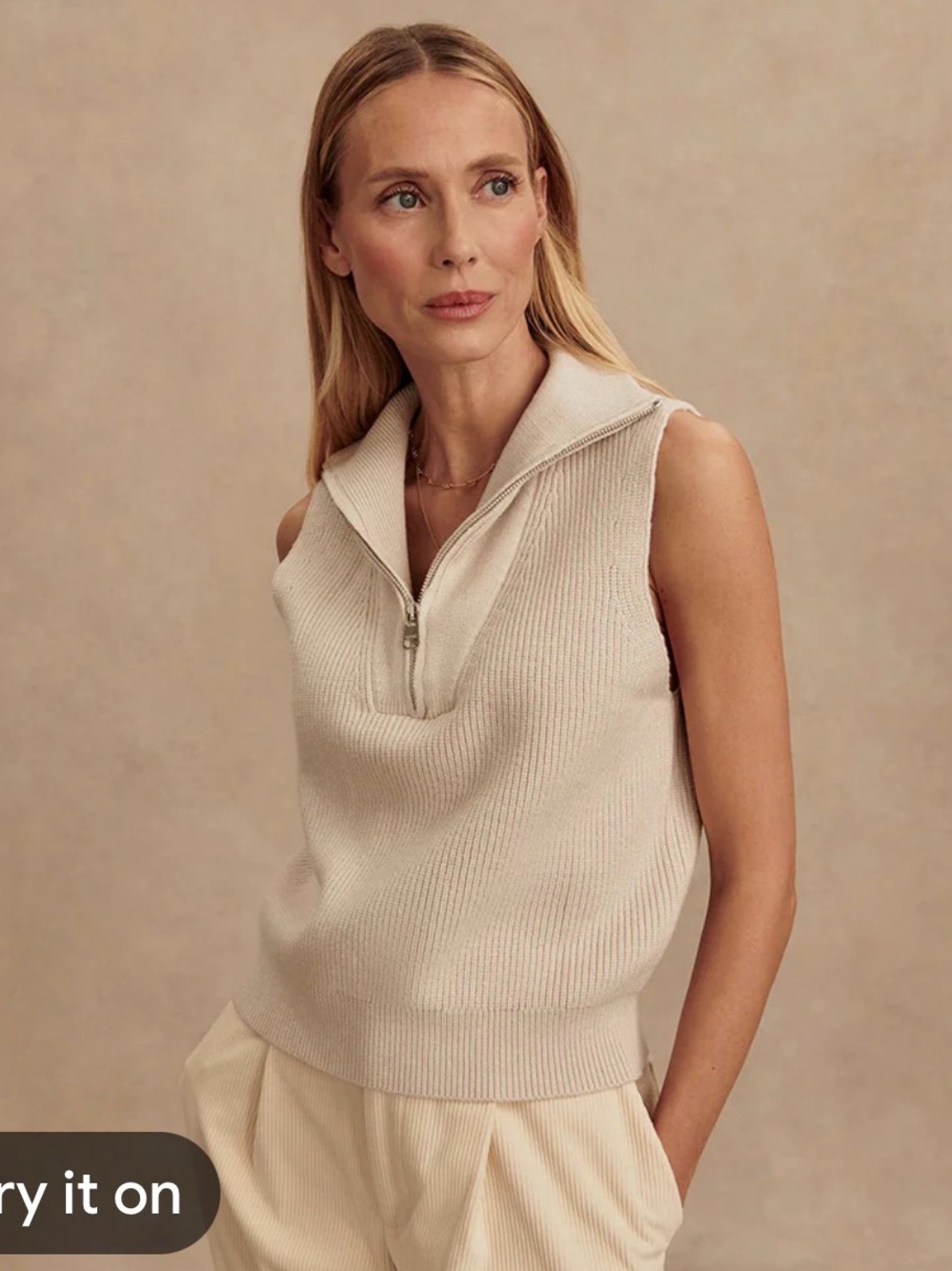 Varley Sleeveless Zip-Front Knit Sweater Vest in Cream